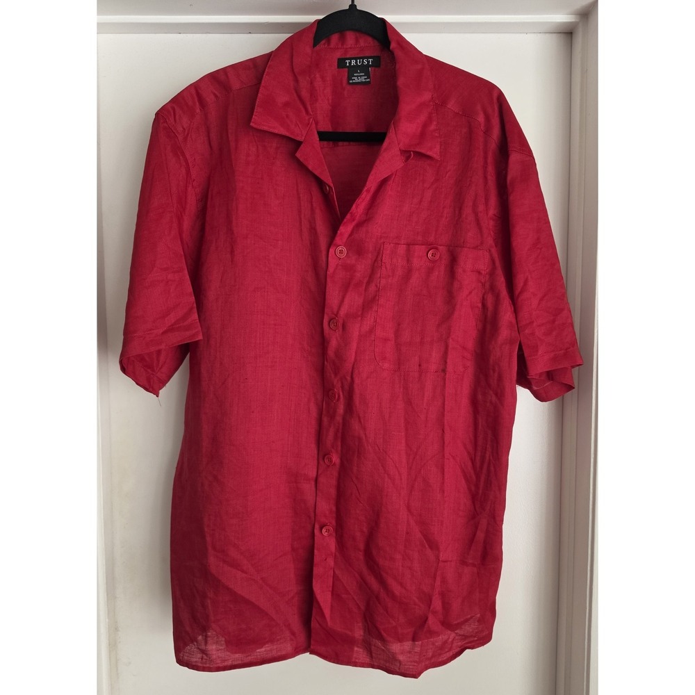 Trust Men's Dress Shirt Large Red Linen Short Sleeve Breathable Lightweight